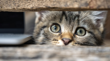 A captivating close-up of a curious cat peeking through wooden planks. The enchanting green eyes and soft fur highlight the playful and innocent nature of this adorable feline.の素材