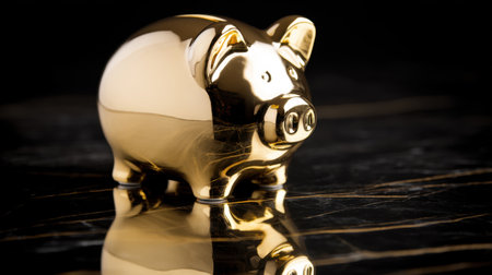 A stunning golden piggy bank sits elegantly on a black marble surface, creating a striking visual representation of wealth and savings.の素材