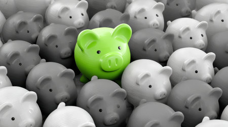 A vibrant green piggy bank stands out in a sea of gray piggy banks, symbolizing individuality in financial growth and creative savings strategies.の素材