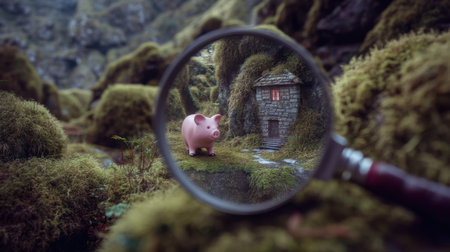 This enchanting scene features a whimsical piggy bank and a miniature house viewed through a magnifying glass, surrounded by lush moss.の素材