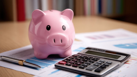 A charming pink piggy bank sits atop a financial planning document next to a calculator, highlighting the importance of budgeting and savings in financial management.の素材