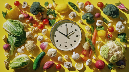 A vibrant arrangement of fresh vegetables surrounds a classic clock, symbolizing the importance of time in preparing healthy meals. The yellow background enhances the lively feel of this image, inviting thoughts of nutrition and culinary creativity.の素材