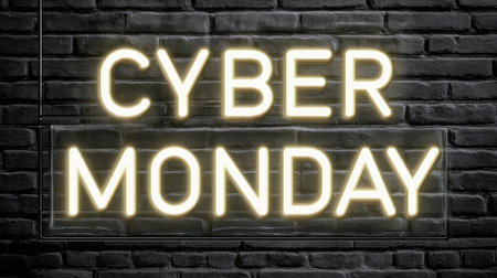 A vibrant neon sign showcasing "Cyber Monday" against a textured brick wall, perfect for promoting holiday shopping events and retail sales.の素材