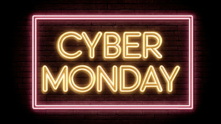 Bright neon sign displaying "Cyber Monday" in bold letters against a dark brick wall, perfect for promotions and vibrant marketing.の素材