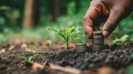 A hand carefully places coins next to green seedlings, symbolizing the investment in sustainable growth and the harmony of nature, finance, and ecology.の素材