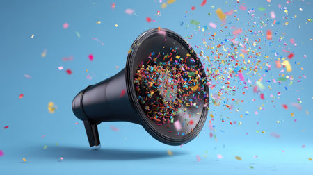 A vibrant and energetic scene featuring a loudspeaker bursting with colorful confetti, symbolizing celebration and joy. Perfect for festive themes!の素材