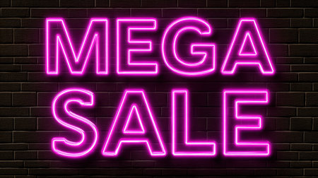 This image features a bright neon sign displaying a mega sale, glowing vividly against a textured brick wall, perfect for marketing.の素材