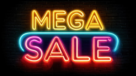 A vibrant neon sign announcing a mega sale, featuring bright colors and illuminated letters, perfect for attracting attention to retail promotions or discounts.の素材