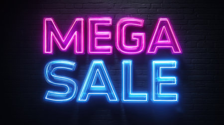 This eye-catching neon sign features the phrase "Mega Sale" in vibrant pink and blue tones, perfect for promotional advertising in retail environments.の素材
