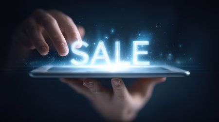 A pair of hands interact with a glowing "SALE" text displayed on a tablet, symbolizing digital commerce and modern shopping trends in a stylish dark setting.の素材