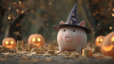A whimsical piggy bank with a wizard hat stands amidst glowing Halloween pumpkins and scattered coins in an enchanting autumn forest.の素材