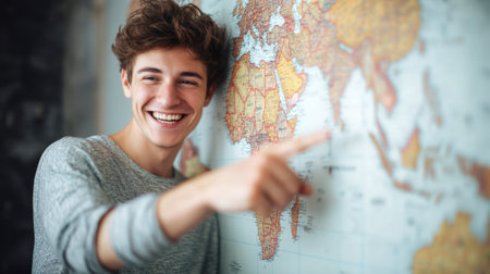 A young man exudes joy while pointing at a world map in a lively indoor environment, symbolizing curiosity and the spirit of exploration.の素材
