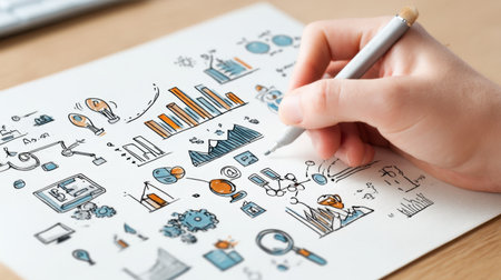 A close-up view of a hand sketching colorful business illustrations including charts, graphs, and icons on paper. This image captures creativity and planning.の素材