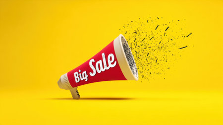 A dynamic megaphone announcing a big sale bursts with confetti against a bright yellow backdrop, perfect for marketing promotions and excitement.の素材