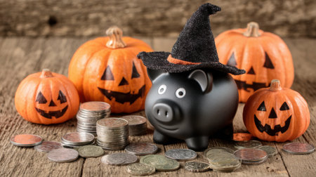 A charming Halloween scene featuring a black piggy bank dressed in a witch hat, surrounded by shiny coins and festive pumpkins. Perfect for capturing the spirit of seasonal savings.の素材
