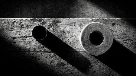 This black and white composition highlights the simplicity of a toilet paper roll and cardboard tube, casting dramatic shadows on a textured surface, evoking a sense of minimalist artistry.の素材
