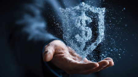 A dynamic image featuring a hand holding a water shield symbol with a dollar sign, representing financial security, protection, and trust in business.の素材