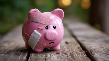 A cute pink piggy bank with bandages on its surface sits on a rustic wooden table, representing the challenges of saving money and managing finances.の素材
