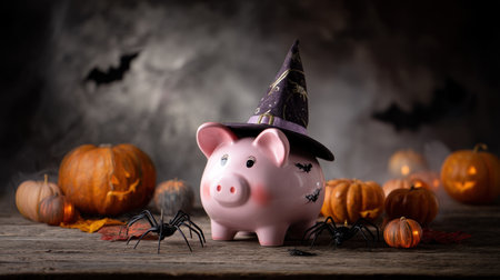 A whimsical pink piggy bank wearing a witch hat is surrounded by carved pumpkins and realistic spiders, creating a spooky yet charming Halloween scene.の素材