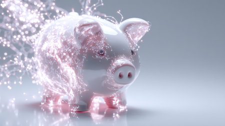 A captivating piggy bank is transformed with sparkling light effects, symbolizing financial growth and prosperity. The modern design features a glossy finish, evoking a sense of optimism and creativity in personal finance.の素材