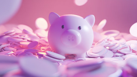 A whimsical white piggy bank stands out amidst scattered coins, creating a playful atmosphere for savings and financial goals. Ideal for finance-related themes.の素材