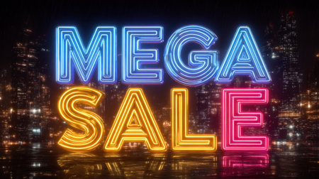 Vibrant neon Mega Sale sign glowing brightly against a sparkling city skyline at night, creating a lively atmosphere for promotions and shopping.の素材
