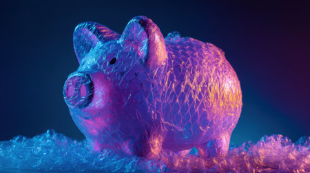 A vibrant piggy bank wrapped in protective bubble wrap, set against a striking blue background, representing careful saving and financial security.の素材