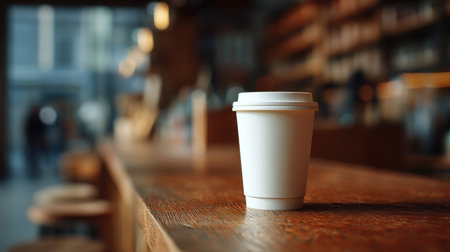 A white disposable coffee cup sits on a rustic wooden table in a cozy modern cafe, creating a relaxed atmosphere perfect for enjoying a warm beverage.の素材