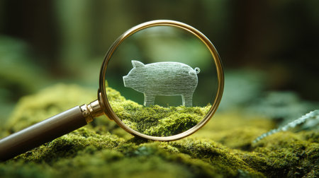 A magnifying glass highlights a stylized pig figure standing on a lush mossy surface, symbolizing financial growth and careful investment.の素材