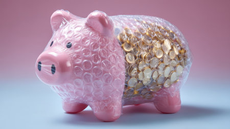 A charming piggy bank wrapped in bubble wrap filled with gold coins, symbolizing savings and financial security against a soft pastel background.の素材