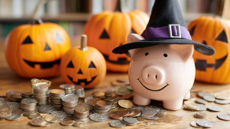 A whimsical piggy bank wearing a witch's hat smiles, surrounded by coins and Halloween pumpkins, embodying fun financial planning for the season.の素材