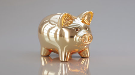 A shiny golden piggy bank sits elegantly on a smooth reflective surface, symbolizing savings, wealth, and financial success in today's economy.の素材