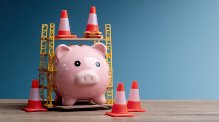 A whimsical scene featuring a piggy bank surrounded by construction cones and barriers, suggesting themes of financial safety and growth in a playful manner.の素材