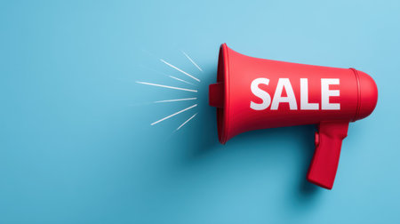 A bright red megaphone with bold "Sale" text stands against a vibrant blue background, symbolizing announcements and marketing promotions.の素材