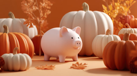 A charming piggy bank sits among colorful autumn pumpkins, embodying a cozy fall aesthetic. Perfect for financial savings and seasonal decor.の素材