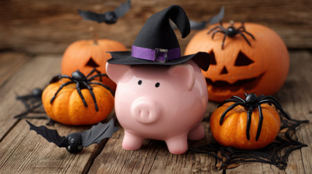 A charming pink piggy bank wearing a witch hat adds a whimsical touch to Halloween decor, surrounded by festive pumpkins and playful spiders.の素材