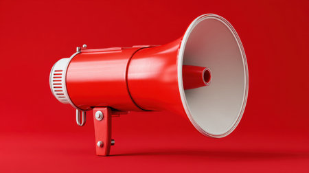 A striking red megaphone stands out against a matching red background, symbolizing the power of communication and public expression. Ideal for themes related to announcements and marketing.の素材