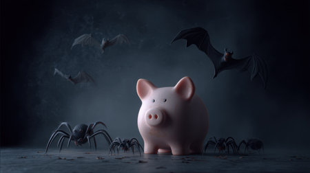 This haunting image presents a piggy bank confronted by menacing spiders and bats, perfect for Halloween-themed designs or financial cautionary tales.の素材