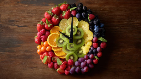A creative composition featuring a clock made from various fresh fruits, including strawberries and oranges, arranged on a rustic wooden background.の素材
