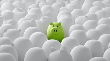A striking green pig stands out among an array of white pig figures, symbolizing individuality and creativity in a crowded market. Perfect for business themes.の素材
