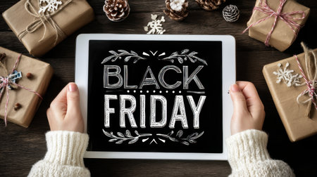 A hands-on experience of Black Friday shopping, featuring a tablet displaying promotional graphics amidst beautifully wrapped gifts and winter decor.の素材