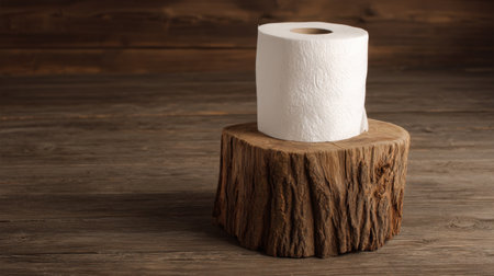 This image showcases a single white paper roll resting on a rustic wooden log base, set against a warm wooden background, perfect for hygiene or home decor themes.の素材