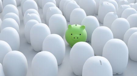 A unique green piggy bank stands prominently amongst a sea of white piggy banks, symbolizing individuality in savings and investment strategies.の素材
