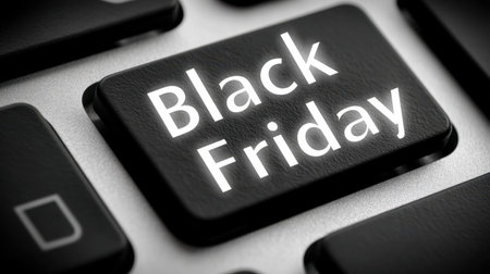 A close-up image of a computer keyboard featuring a prominent Black Friday key, symbolizing the excitement of holiday shopping and online sales.の素材