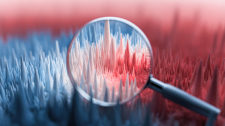 This image showcases a magnifying glass enhancing colorful wave patterns that symbolize sound frequencies and vibrations. The detailed view reveals intricate textures and contrasting colors, emphasizing the beauty of abstract design.の素材