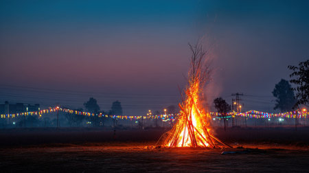 A mesmerizing bonfire burns brightly against the dusk sky, surrounded by twinkling lights, creating a warm and festive atmosphere perfect for gatherings.の素材