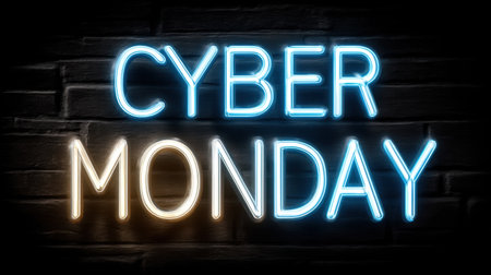 Captivating neon sign displaying "Cyber Monday" against a dark background, perfect for representing shopping excitement and holiday sales.の素材
