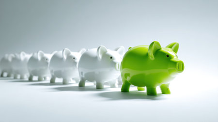 This image features colorful piggy banks arranged in a line, symbolizing saving and financial management. The focus on the green piggy bank highlights the importance of investment and personal finance strategies.の素材