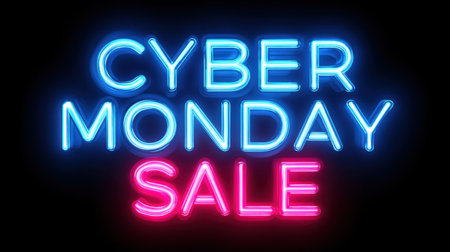 Eye-catching neon lights showcase a vibrant Cyber Monday sale announcement, perfect for attracting shoppers during online promotions.の素材