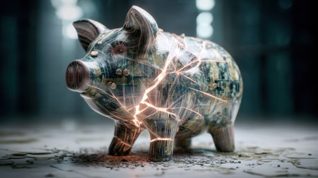 This striking image depicts a broken piggy bank filled with cash and coins, symbolizing financial struggles. It invites viewers to reflect on budgeting and savings challenges.の素材